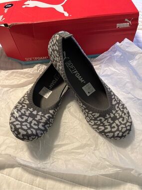 NIB Puma Gray and White Leopard-Pattern SoftFoam Ballet Flats size 8